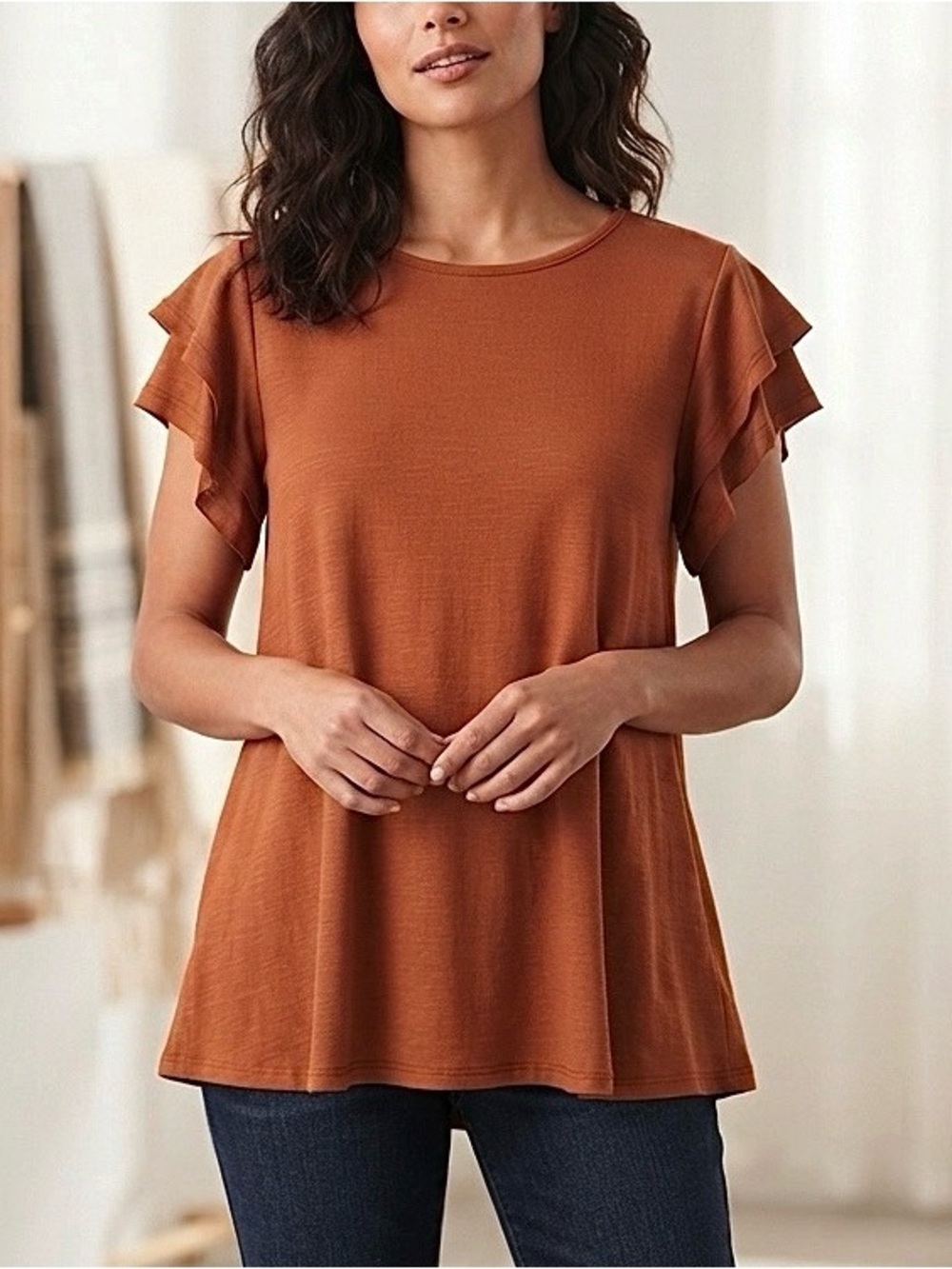 Perfect Peach Ruffle Sleeve Textured Knit Top Women’s S (4/6) Orange Cider